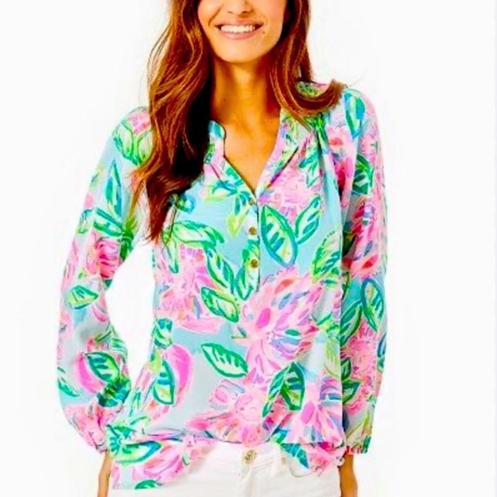 Lilly Pulitzer Elsa Silk Top Totally Blossom L